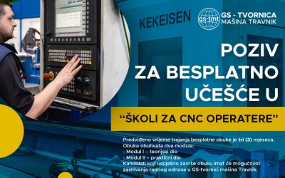 POZIV ZA BESPLATNO UČEŠĆE U “ŠKOLI ZA CNC OPERATERE”